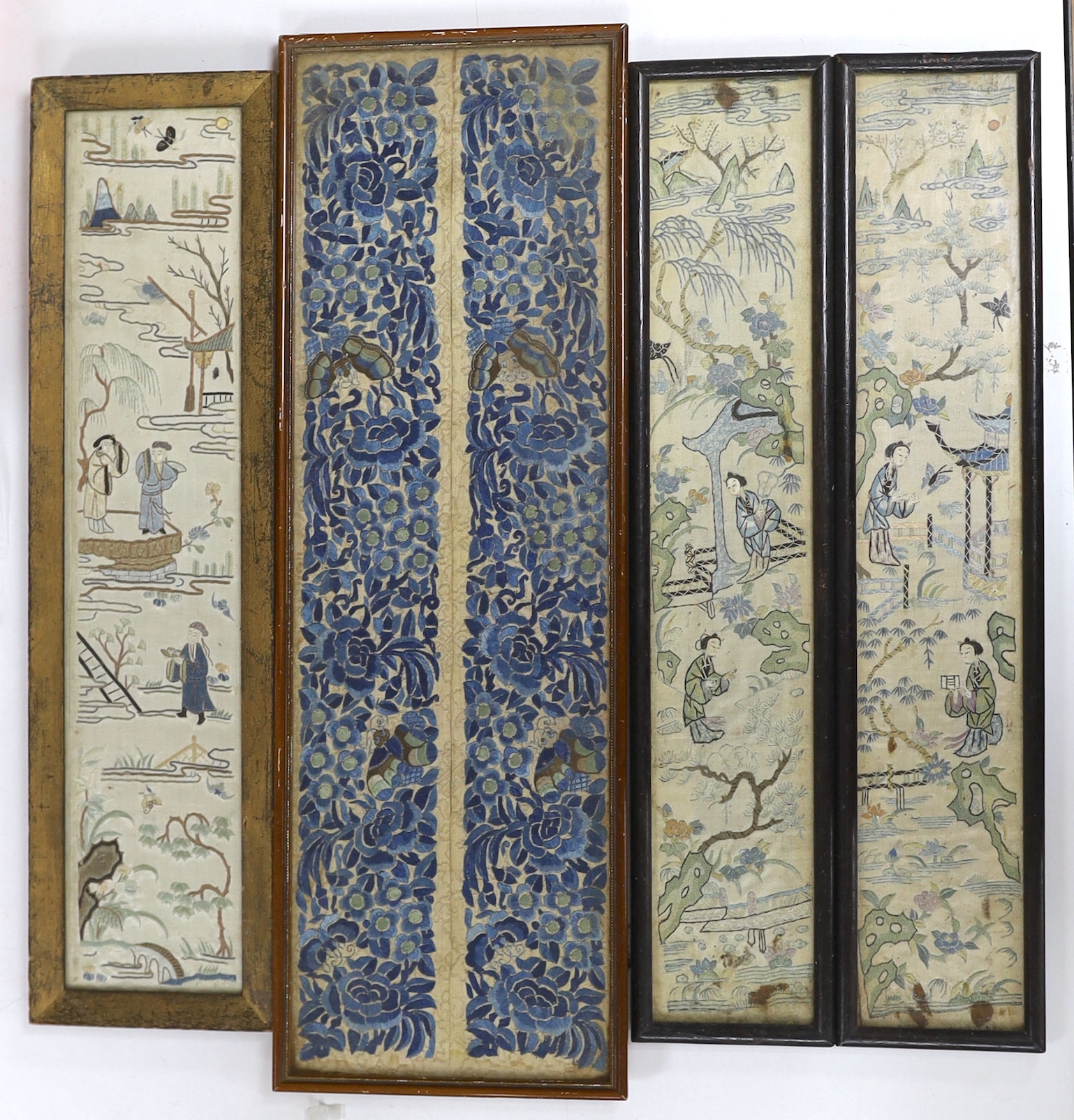 Two pairs of framed late 19th century Chinese embroidered sleeve bands and a similar single embroidered sleeve band, longest 56cm